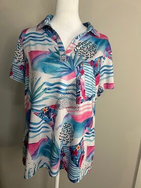 Women's Tropical Print Polo Shirt - White with Blue & Pink Floral Waves